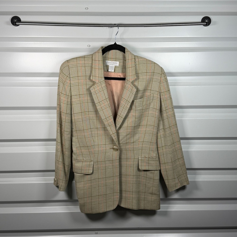 Ann‎ Taylor Studio Vintage Wool Blend Plaid Blazer Beige Tan Orange Size 10